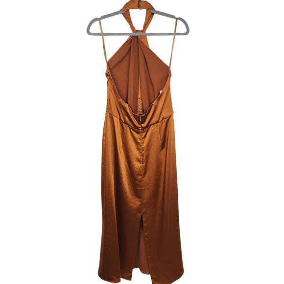 Undress Paula Tawny Brown Cocktail Midi Dress Womens Large Satin Halter Twist - Picture 5 of 9